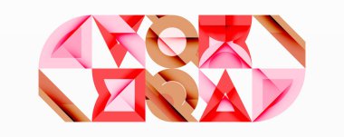 Soyut geometrik şekiller örtüşür, dinamik bileşim yaratır. Pembe, kırmızı, kahverengi renkler tasarımda baskın. Minimalist tarz, modern estetik.