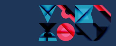 Soyut geometrik şekiller, canlı mavi, kırmızı renkler. Kompozisyon derinliği, modern tasarımı, sanatsal ifadeyi akla getiriyor. Minimalist estetik.