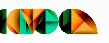 Soyut geometrik şekiller harfleri oluşturur. Renkler yeşil, turuncu, kahverengi. Temiz çizgileri olan minimalist tasarım, modern estetik..