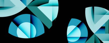 Soyut geometrik şekiller, deniz mavisi renkleri baskın gelir. Üst üste binen formlar derinlik yaratır, modern tasarım estetiği. Minimalist kompozisyon, mevcut temiz çizgiler.