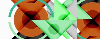 Geometrik şekilli soyut bileşim. Daireler, üçgenler üst üste binerek dinamik görsel efekt yaratır. Renkler arasında yeşil, turuncu, gri.