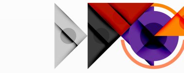 Soyut geometrik şekiller örtüşür, dinamik bileşim yaratır. Renkler arasında gri, turuncu, mor, siyah, beyaz sayılabilir. Minimalist tasarım.