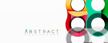 Modern soyut tasarım, üst üste binen daireler, kareler. Parlak renkler beyaz arkaplan üzerinde dinamik görsel efekt oluşturur.