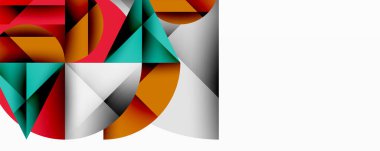 Soyut geometrik bileşim. Şekiller örtüşüyor, dinamik görsel ilgi yaratıyor. Renkler arasında kırmızı, deniz mavisi, turuncu, gri, beyaz vardır. Modern tasarım.