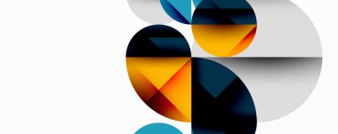 Soyut geometrik bileşim. Daireler, segmentler, dinamik görsel efekt oluşturur. Sıcak, serin renkler sunar. Minimalist tasarım.