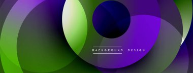 Soyut eğimler üst üste binen çemberler oluşturur. Canlı mor, yeşil renkler tasarımda baskın. Modern estetik, basit metin içerir.