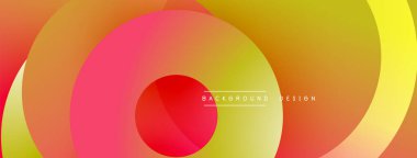 Soyut, enerjik daireler çakışıyor ve dinamik bir değişim etkisi yaratıyor. Sarı, turuncu, kırmızı renkler kompozisyona hakim. Minimalist tasarım unsurları.