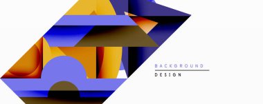 Soyut geometrik bileşim. Üst üste binen şekiller dinamik görsel efekt yaratır. Canlı mavi, turuncu, sarı egemen tasarım. Modern biçim, uygun arkaplan ögesi.