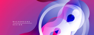 Soyut sıvı şekiller, canlı renklerin karışımı. Modern tasarım, pürüzsüz eğimler dinamik kompozisyon yaratır. Mor, mavi renkler egemen.