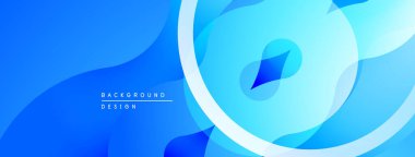 Soyut mavi arkaplan. Üst üste binen şekiller dinamik, akıcı tasarım yaratır. Dereceli gölgeler derinlik sunar, modern estetik.