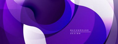 Soyut sıvı şekilleri örtüşür, dinamik mor, beyaz gradyanlar yaratır. Modern tasarım hareketi, derinliği, görsel ilgiyi çağrıştırıyor.