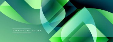 Soyut geometrik şekiller örtüşür, dinamik yeşil gradyan arkaplan oluşturur. Modern tasarım öğeleri akıcılık ve yenilik önerir.