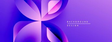 Soyut mor tasarım üst üste binen taç yaprağı şekilleri içerir. Gradyan renkler dinamik görsel efekt yaratır. Metin arkaplan tasarımı okur.