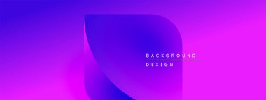 Gradyan arkaplanda mor, mavi renkler var. Üst üste binen şekiller modern görsel efektler yaratır. Metin elemanları mevcut olan minimalist tasarım.