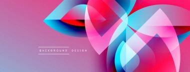 Soyut geometrik şekiller örtüşür, canlı pembeler, maviler, morlar yaratır. Arkaplan derinlik katıyor, modern his katıyor. Tasarım ögeleri hareket önerir.