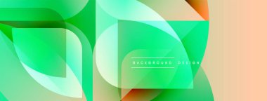 Soyut geometrik şekiller örtüşür, canlı gradyanlar yaratır. Yeşil, turuncu renkler kompozisyona hakim. Modern tasarım ögesi.