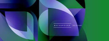 Soyut geometrik şekiller örtüşür, canlı gradyanlar yaratır. Mavi, yeşil renkler kompozisyona hakim. Modern tasarım ögesi.
