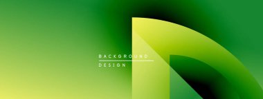 Soyut yeşil eğimli arkaplan. Geometrik şekiller, dinamik görsel efekt oluşturur. Metin elemanları mevcut olan minimalist tasarım.