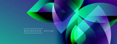 Soyut enerjik tasarım. Üst üste binen şekiller dinamik görsel efekt yaratır. Mavi, yeşil, mor renkler kompozisyona hakim. Modern estetik.