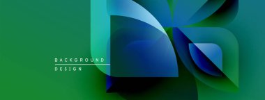 Soyut geometrik şekiller çakışıyor. Yeşil, mavi renkler tasarıma hakim. Modern estetik, dinamik bileşim, gradyan etkiler.