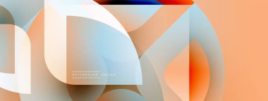 Soyut geometrik şekiller çakışıyor ve canlı gradyan pankart oluşturuyor. Şeftali, mavi renkler dizaynın hakimi. Modern, minimalist estetik.