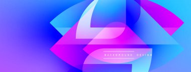 Soyut gradyanlar çakışıyor, dinamik görsel etki yaratıyor. Parlak mor, mavi renkler kompozisyona hakim. Modern tasarım ögesi.