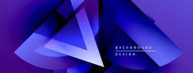 Soyut geometrik şekiller üst üste biniyor, dinamik mor, mavi renkler yaratıyor. Modern tasarım elementleri teknoloji ve yenilik öneriyor.