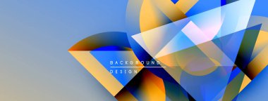 Soyut geometrik şekiller örtüşüyor, canlı renk eğimleri yaratıyor. Mavi, turuncu, sarı baskın tasarım. Modern estetik.