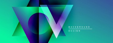 Soyut geometrik şekiller örtüşür, canlı gradyanlar yaratır. Teal, mor renkler tasarıma hakim. Metin arkaplan ögesini belirtir.