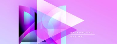 Soyut geometrik şekiller örtüşüyor, canlı mor ve mavi renkler yaratıyor. Modern tasarım teknoloji, yenilik, akıcılık öneriyor..