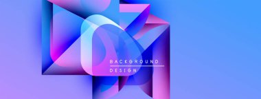 Soyut geometrik şekiller canlı mavileri, morları ve pembeleri harmanlarlar. Modern tasarım katmanlı biçimler, gradyan etkiler, metin örtüsü.