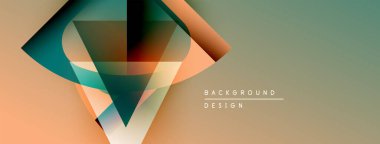 Soyut geometrik şekiller örtüşüyor, dinamik renk eğimleri yaratıyor. Bej, deniz mavisi, turuncu renkler tasarımda baskın. Minimalist arkaplan sunumu.