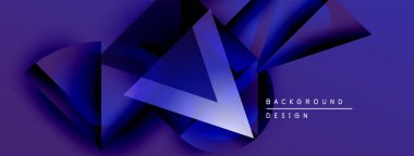 Soyut geometrik şekiller örtüşür, dinamik mor dizayn yaratır. Modern arkaplan özellikleri katmanlı üçgenler, gölgeler, metin.