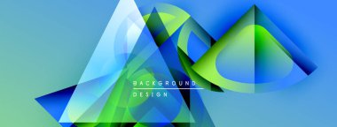 Soyut geometrik şekiller örtüşür, parlak mavi, yeşil eğimler yaratır. Modern tasarım elementleri dinamik görsel deneyim önerir.