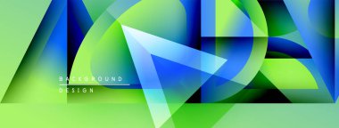 Soyut geometrik şekiller örtüşüyor, canlı yeşil, mavi renkler yaratıyor. Arkaplan ve sunumlar için modern tasarım ögesi.