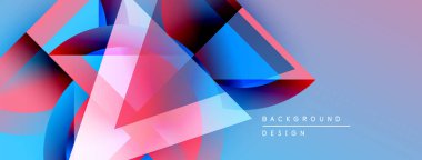 Soyut geometrik şekiller örtüşüyor, canlı renk eğimleri yaratıyor. Mavi, pembe, mor renkler tasarımda baskın. Modern estetik.