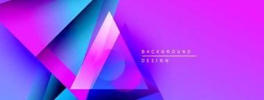 Soyut geometrik şekiller örtüşüyor, canlı mor ve mavi renkler yaratıyor. Modern tasarım dijital sanat ve arkaplan ögesi öneriyor.