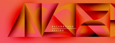 Soyut geometrik tasarım. Kırmızı, turuncu gradyanlar katmanlı şekiller yaratır. Metin arka plan tasarımı okur. Modern görsel kompozisyon.