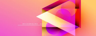 Soyut geometrik şekiller örtüşür, canlı bir değişim etkisi yaratır. Pembe, turuncu, mor renkler tasarımda baskın. Mevcut en küçük metin.