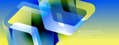 Soyut geometrik şekiller örtüşür, parlak sarı ve mavi renkler yaratır. Modern tasarım dinamik hareket ve pürüzsüz geçişler öneriyor.