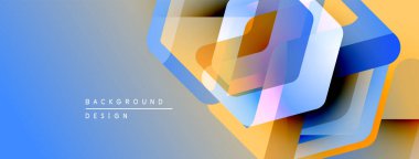 Soyut geometrik şekiller örtüşür, parlak mavi ve turuncu renkler yaratır. Modern tasarım elementleri teknoloji ve yenilik öneriyor.