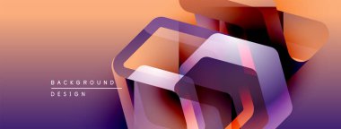 Soyut geometrik şekiller örtüşür, canlı bir gradyan arkaplan oluşturur. Mor, turuncu renkler kompozisyona hakim. Modern tasarım ögesi.