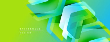 Soyut geometrik şekiller örtüşüyor, canlı yeşil, mavi renkler yaratıyor. Arkaplan ve sunumlar için modern tasarım ögesi.