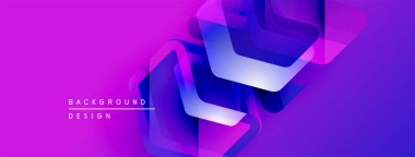 Soyut geometrik şekiller örtüşür, canlı mor gradyan arkaplan oluşturur. Modern tasarım elementleri teknoloji ve yenilik öneriyor.