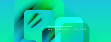 Soyut geometrik şekiller örtüşüyor, canlı turkuazlar yaratıyor, yeşil gradyanlar. Metin, formların altındaki arkaplan dizaynını okur. Modern, dinamik görsel.