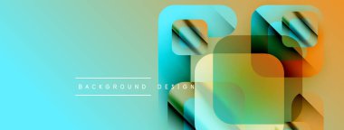 Soyut geometrik şekiller örtüşüyor, canlı renk eğimleri yaratıyor. Arkaplanda deniz mavisi, turuncu ve yeşil renkler var. Modern tasarım elemanları.