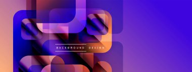 Soyut geometrik şekiller örtüşür, canlı gradyanlar yaratır. Mor, turuncu renkler tasarımda baskın, modern estetik..