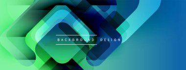 Soyut geometrik şekiller canlı mavileri, yeşillikleri harmanlarlar. Modern tasarım katmanlı kareler, gradyanlar içerir. Metin arkaplan tasarımı okur.