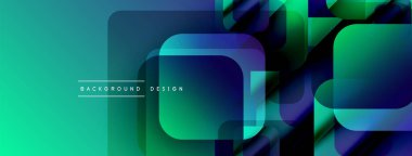 Soyut geometrik şekiller örtüşür, canlı turkuaz eğimleri yaratır. Modern tasarım öğeleri teknoloji, yenilik, gelecek kavramları önerir.