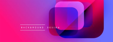 Soyut, enerjik bir arkaplan. Üst üste binen kareler modern görsel efektler yaratır. Pembe, mor, mavi renkler kompozisyona hakim. Minimalist metin mevcut.